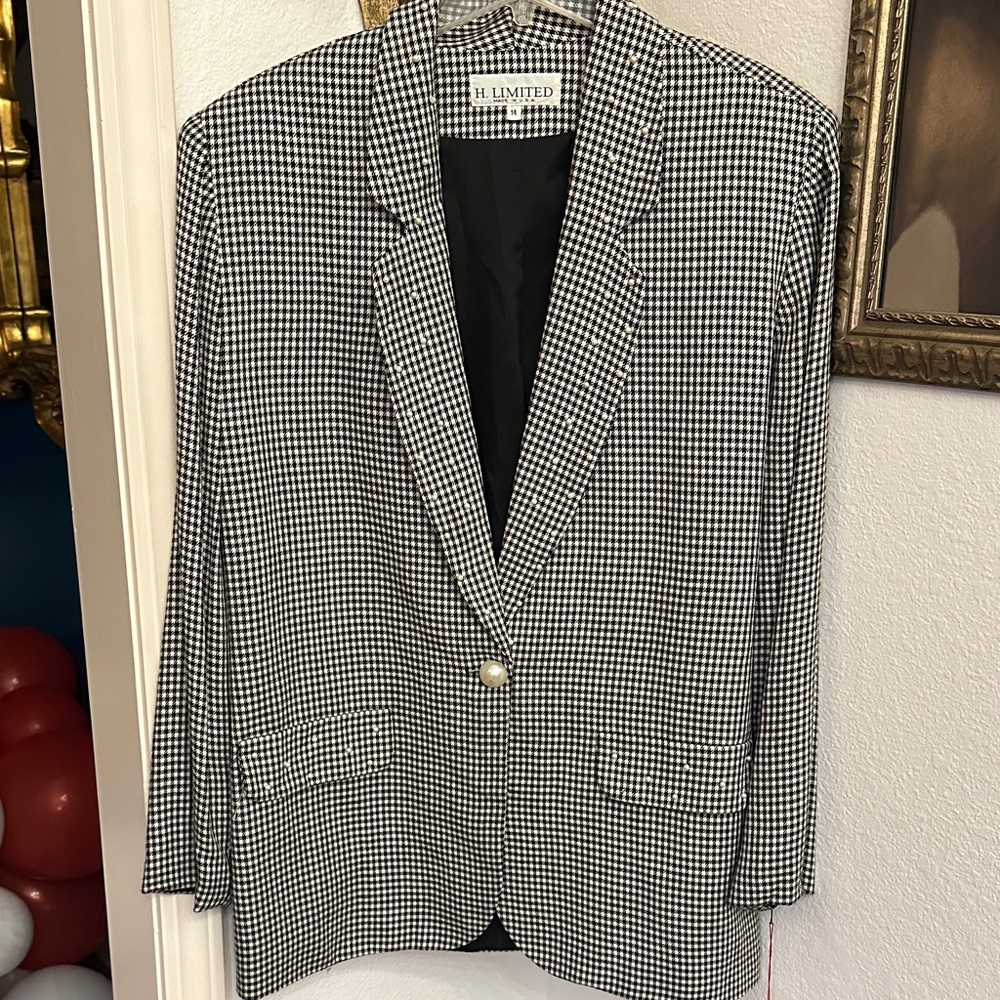 VTG NWT H. Limited Houndstooth Checkered Blazer with Pearl detailing sz. 14